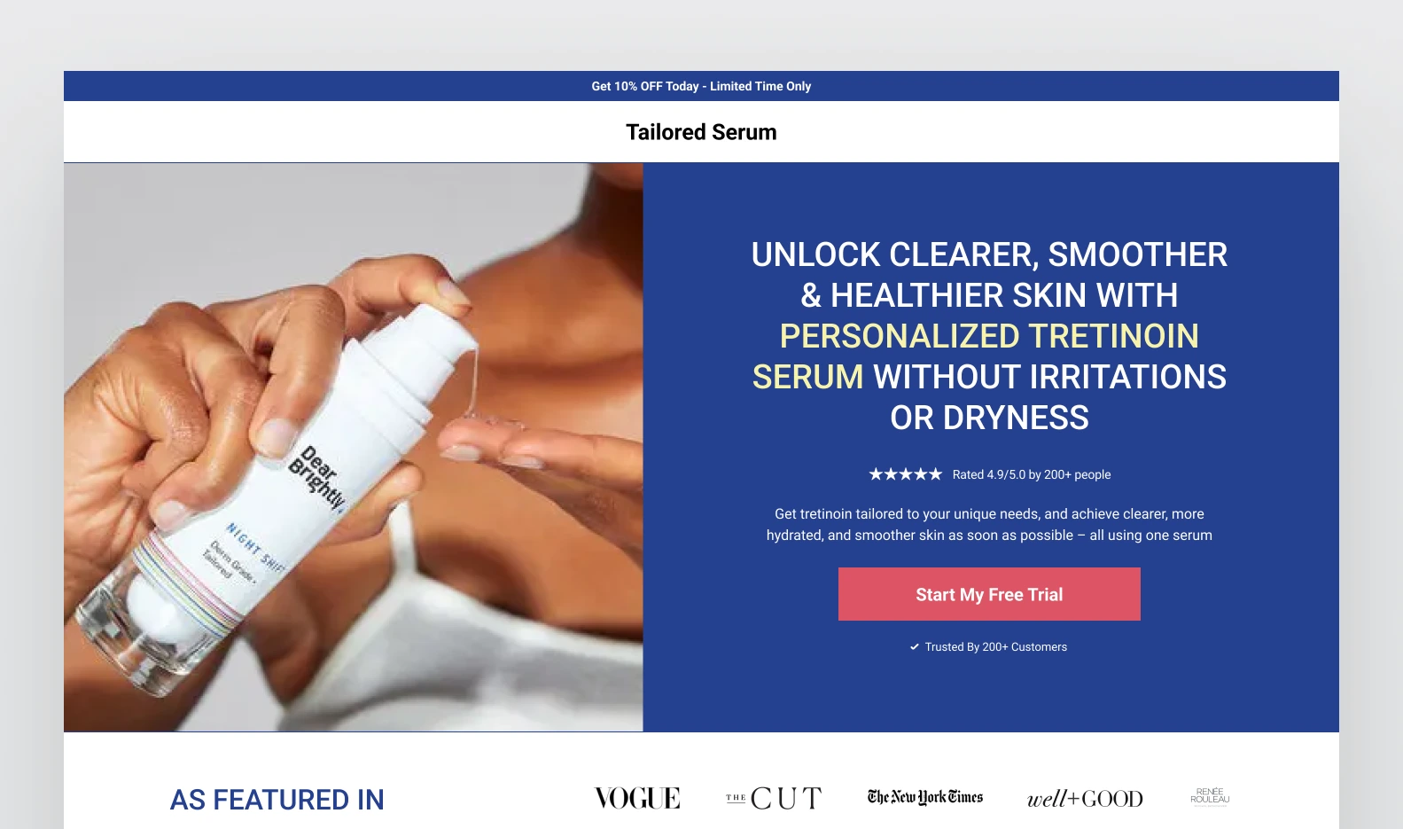 Tailored Serum Product Landing Page Redesign Example